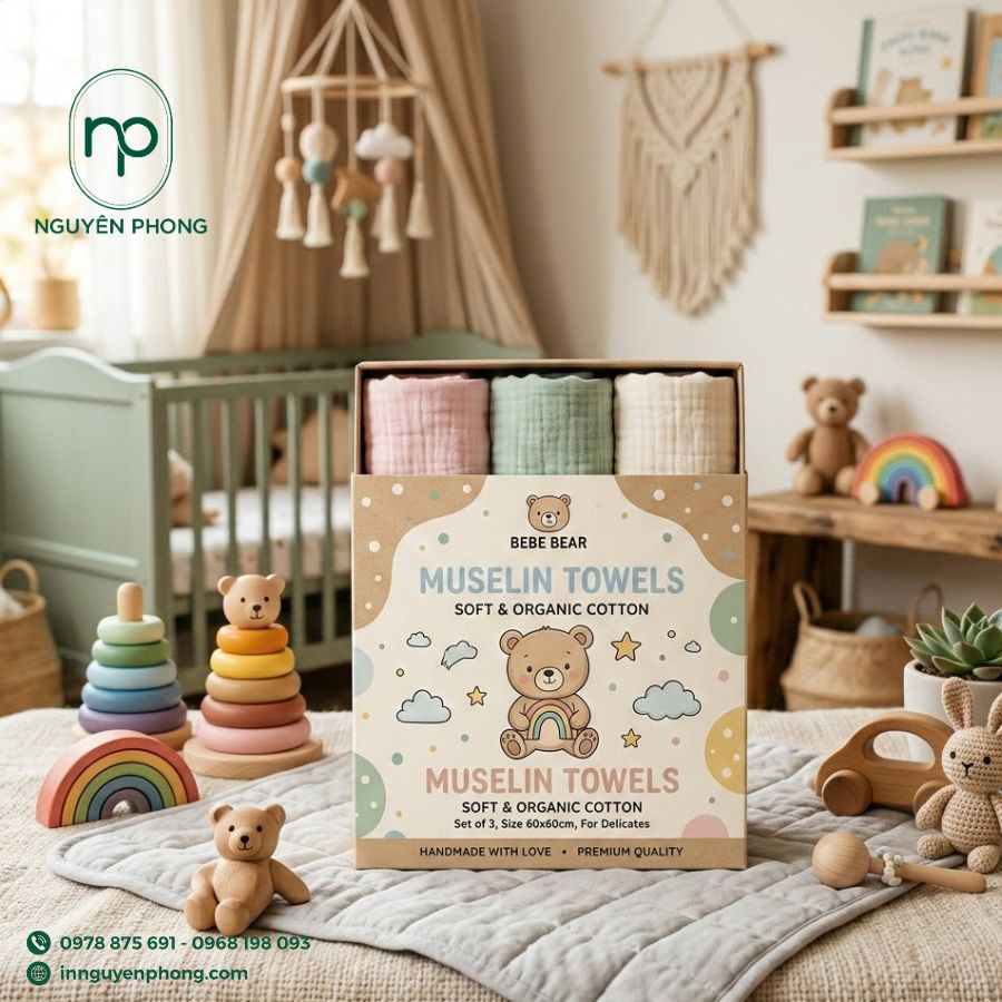 in hộp đựng khăn xô, khăn sữa cho em bé